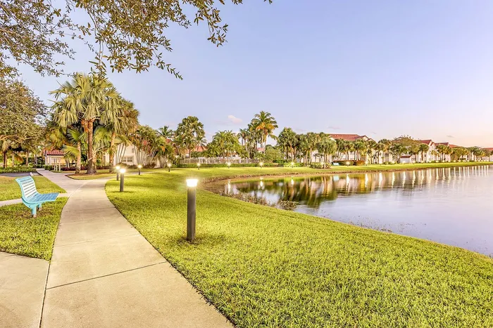 Serene lakeside walkway with lush palm trees and scenic views, perfect for relaxation and leisure.
