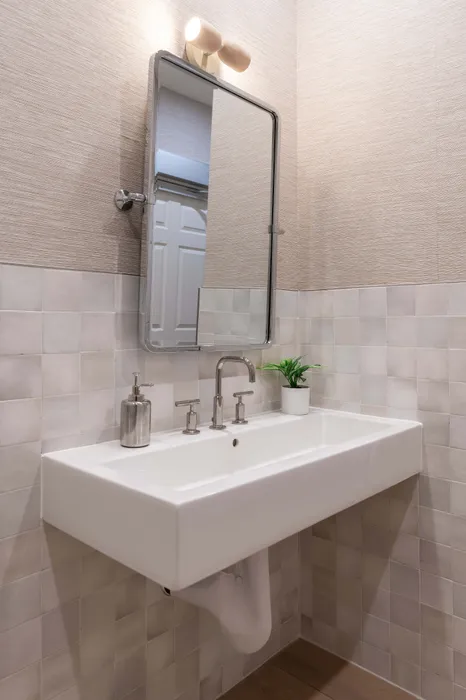 Elegant bathroom showcasing a modern sink with a sleek metal faucet, stylish wall tiles, and a small green plant for a fresh touch.