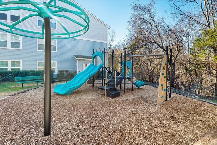 Inviting playground with vibrant blue and green climbing equipment, nestled beside a serene wooded area in a modern apartment community.