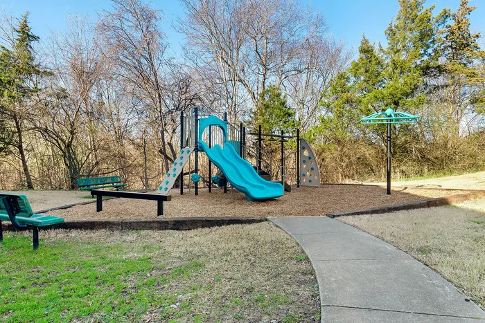 Inviting outdoor playground with a vibrant teal slide and climbing structure, nestled in a serene, wooded area for family enjoyment.