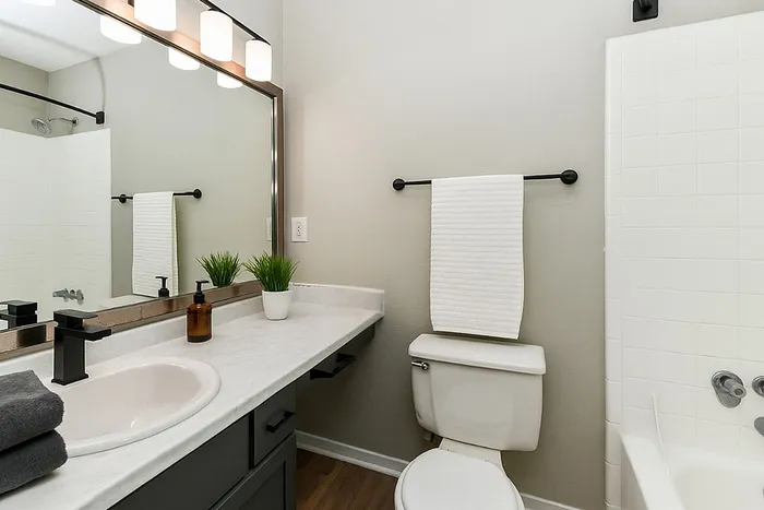 Modern bathroom with elegant vanity, sleek mirror, and stylish lighting fixtures.