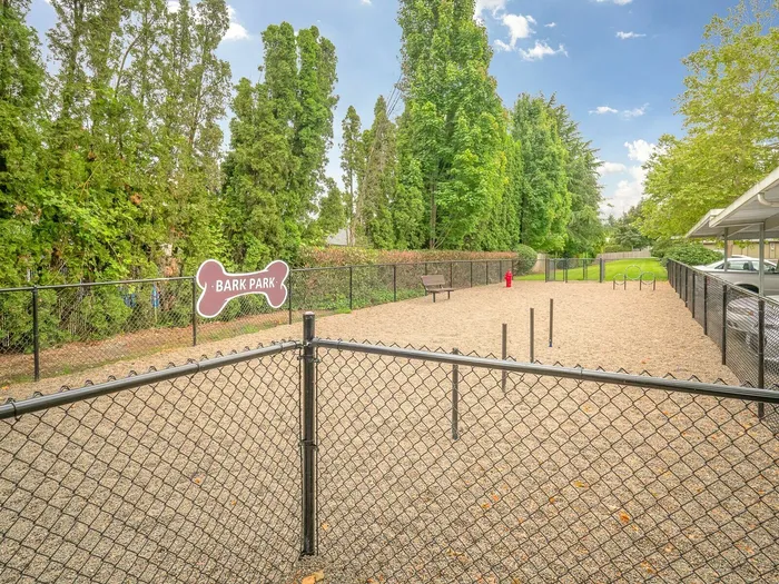 Vibrant dog park with agility equipment, surrounded by lush greenery and secure fencing, perfect for pets.