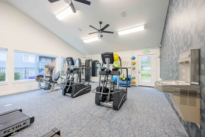 Bright and modern fitness center with cardio equipment and colorful exercise balls, offering a vibrant workout experience.