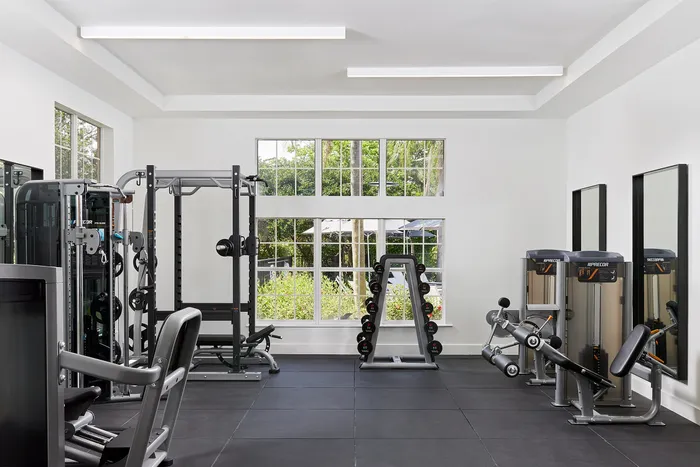 Modern gym with state-of-the-art equipment, vibrant natural lighting, and sleek interior design.