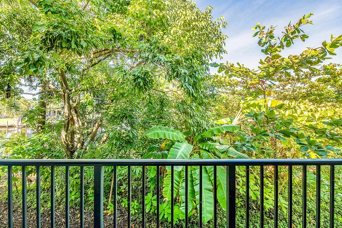 Serene balcony view overlooking lush greenery and vibrant tropical plants.