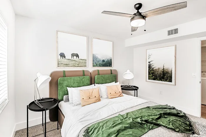 Elegant bedroom with cozy decor, featuring a chic queen-size bed with green accents, modern ceiling fan, and nature-themed art enhancing the serene atmosphere.