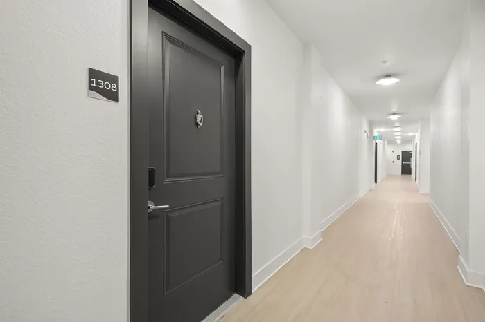 Inviting apartment hallway with stylish black doors, showcasing modern design and welcoming ambiance.
