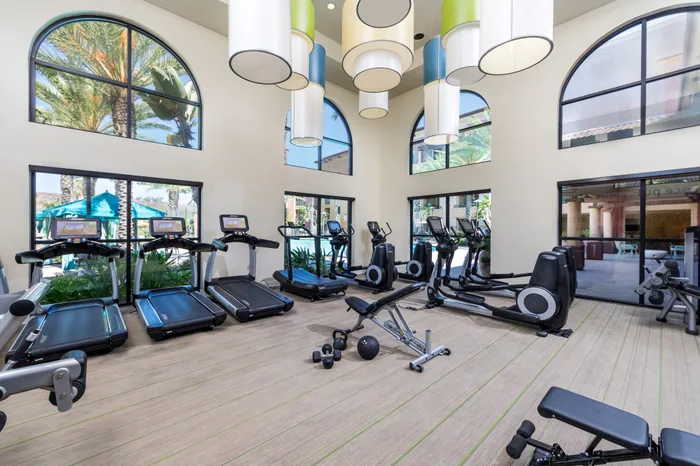 Elegant fitness center with large windows offering natural light, featuring modern exercise equipment including treadmills, elliptical machines, and free weights under stylish pendant lighting.
