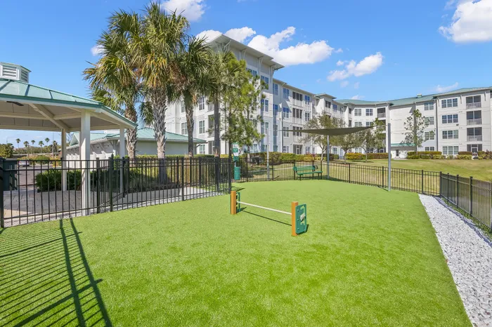 Inviting apartment complex with lush green outdoor area, highlighted by palm trees and a shaded seating area, perfect for relaxation.