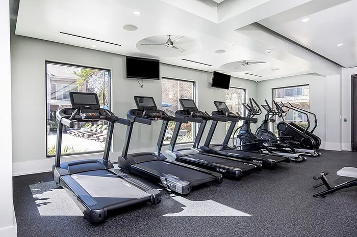 Bright and modern gym with state-of-the-art treadmills and elliptical machines, highlighted by large windows with a view of the outdoor pool area.