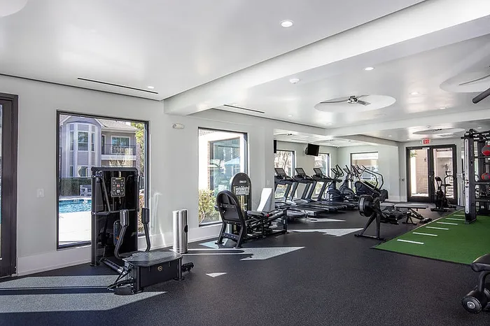 Bright and modern gym with state-of-the-art equipment, overlooking a serene outdoor pool area.