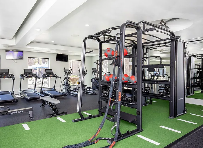 Modern fitness center equipped with state-of-the-art treadmills, strength training machines, and versatile workout stations on sleek green flooring.
