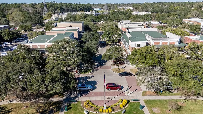 Charming aerial view of a quaint commercial area surrounded by lush greenery and small architectural buildings with green roofs, perfect for serene urban living.