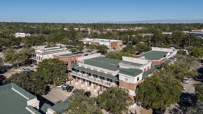 Charming aerial view of a vibrant retail, shopping and dining spaces surrounded by lush greenery and expansive parking, set under a clear blue sky.
