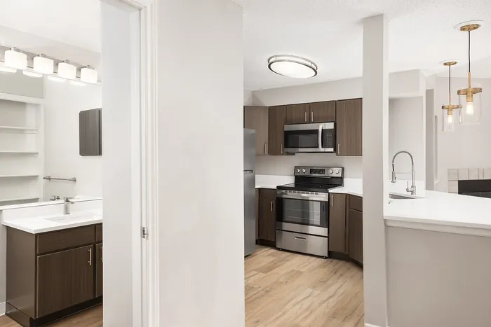 Modern apartment kitchen with sleek stainless steel appliances and stylish cabinetry, adjacent to a bright bathroom with elegant lighting and ample shelving.