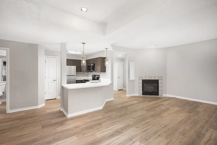 Modern open-concept apartment featuring a sleek kitchen with stainless steel appliances and a cozy living area with a stylish fireplace.