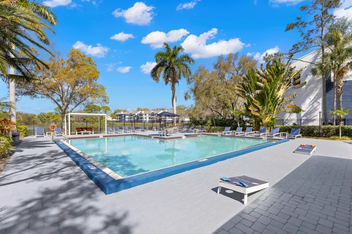 Inviting apartment complex pool area featuring comfortable lounge chairs, lush greenery, and palm trees under a vibrant blue sky.