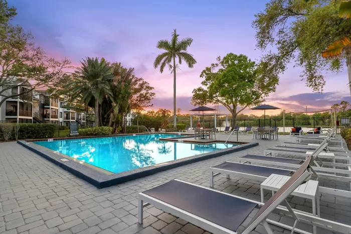 Serene outdoor pool area with lush palm trees and modern sun loungers, set against a vibrant sunset backdrop.