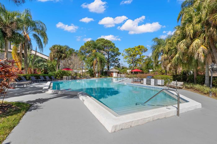 Inviting outdoor pool surrounded by lush palm trees and sun loungers, set against a bright blue sky.