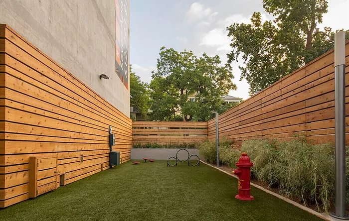 Charming outdoor space with lush greenery, wooden fencing, and playful pet-friendly features.