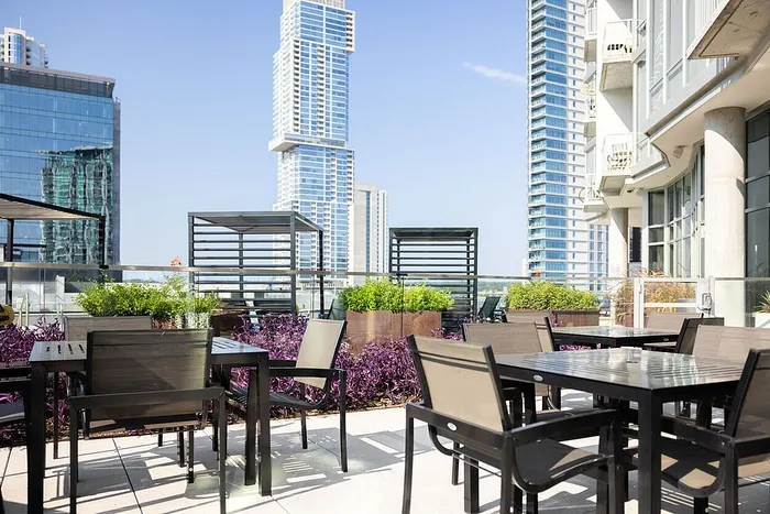 Chic rooftop terrace with elegant seating, vibrant plants, and stunning skyline views in a modern urban setting.