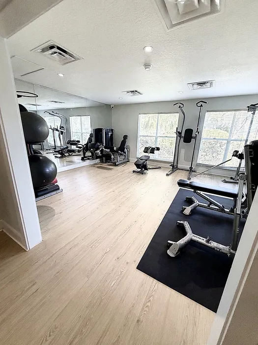 Modern fitness center with state-of-the-art exercise equipment, bright mirrored walls, and natural light streaming through large windows.