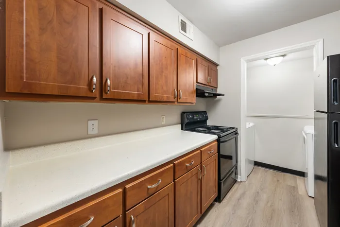 Modern kitchen with elegant wooden cabinets, sleek countertops, and a full suite of appliances for a stylish cooking experience.