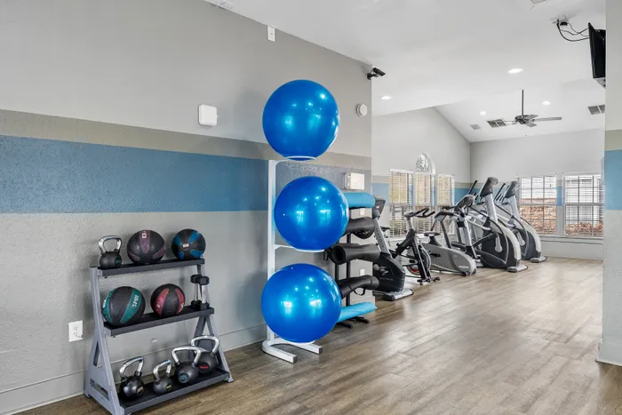 Modern fitness center with bright blue exercise balls, state-of-the-art cardio machines, and a variety of free weights, perfect for a healthy lifestyle.