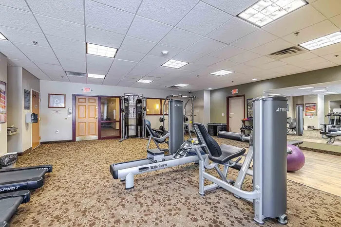 Spacious and well-equipped gym featuring modern exercise machines, inviting carpeted flooring, and ample lighting.