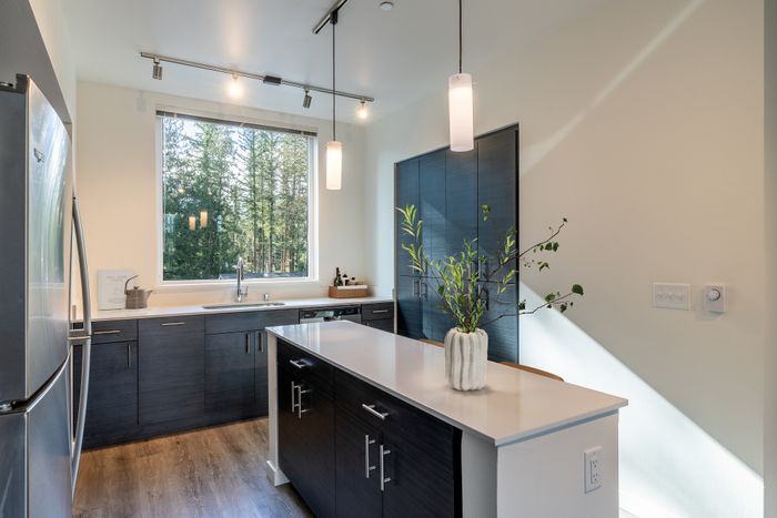 Modern kitchen featuring sleek cabinetry, stainless steel appliances, and a large window offering a scenic view of lush greenery.