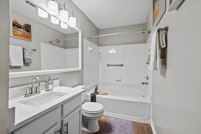 Elegant bathroom with a modern vanity, large mirror, and inviting bathtub surrounded by tasteful decor.