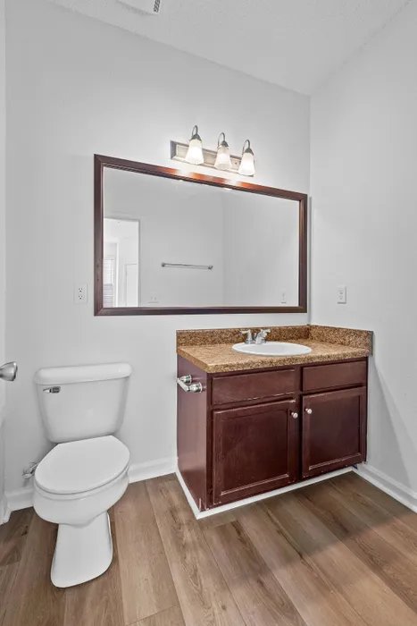Bright and modern bathroom with elegant wooden cabinetry, stylish granite countertop, and a large mirror under contemporary lighting fixtures.