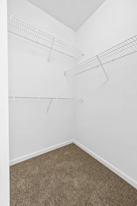 Spacious walk-in closet with wire shelving, perfect for organized storage and maximizing space.