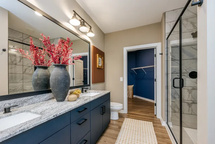 Elegant bathroom featuring dual sinks, granite countertops, stylish black cabinetry, and a spacious walk-in closet.