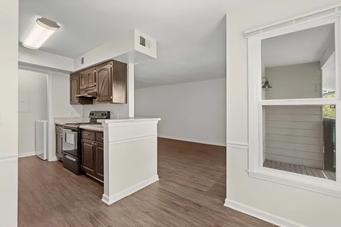 Sleek open-concept apartment showcasing a modern kitchen with dark wood cabinetry, expansive living space, and rich hardwood floors.