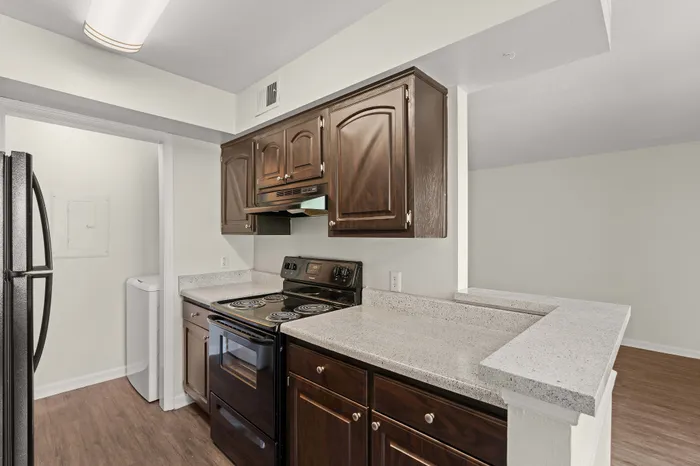 Modern kitchen with elegant dark wooden cabinets, sleek countertops, and a stylish black stove, offering a spacious cooking area in a contemporary apartment.
