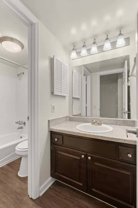 Bright bathroom with modern lighting fixtures, elegant granite countertop, and wooden cabinetry, featuring a bathtub and tasteful design.