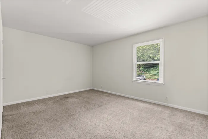 Bright and spacious bedroom with plush carpeting and a large window showcasing lush greenery views.