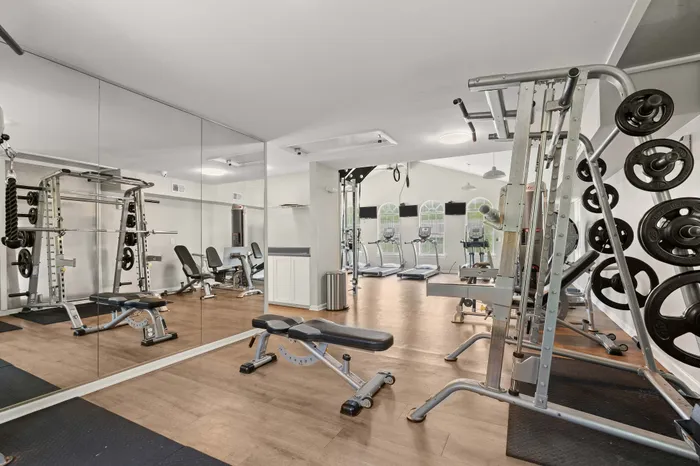 Modern fitness center with state-of-the-art equipment, mirrored walls, and bright natural lighting.