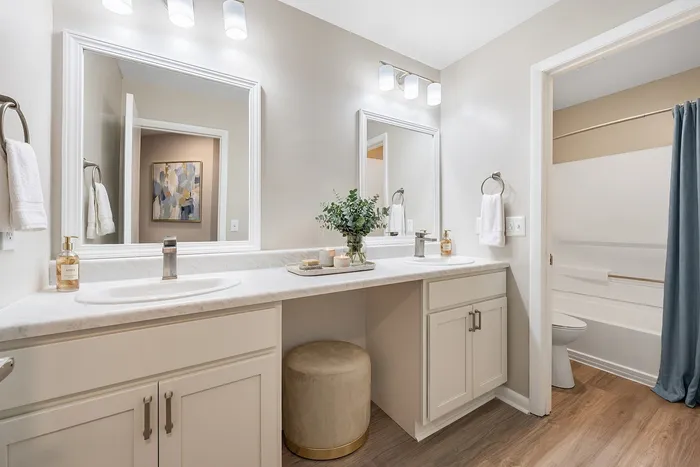 Elegant bathroom with dual sinks, stylish lighting, and a serene ambiance, perfect for relaxation.