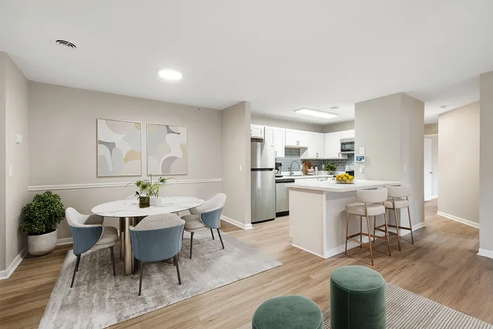 Contemporary apartment interior showcasing an elegant dining area with modern chairs, a sleek open kitchen with stainless steel appliances, and a spacious, light-filled layout.