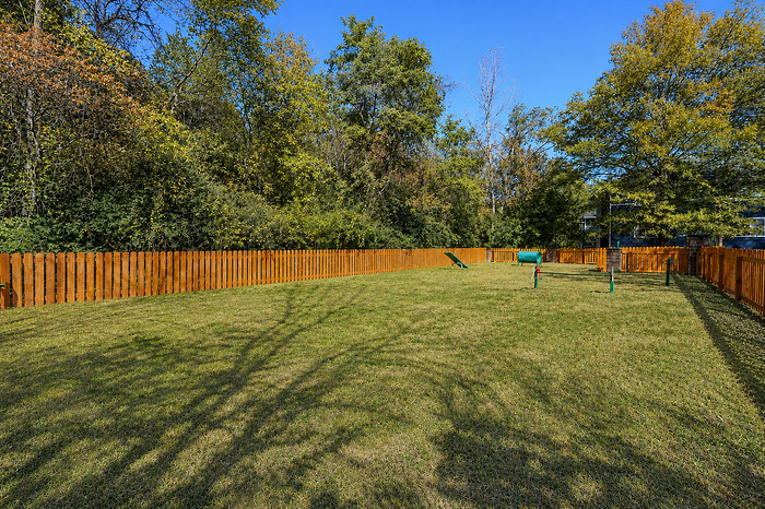 Expansive outdoor space with lush grass, wooden fence, and vibrant greenery, perfect for recreation and relaxation.