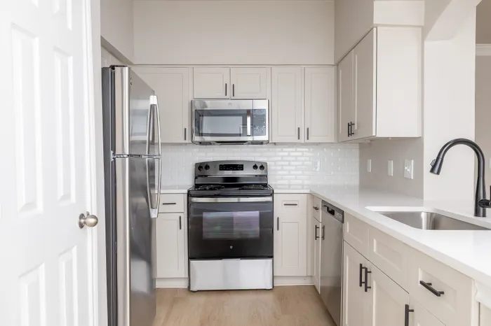 Modern kitchen with sleek stainless steel appliances, elegant cabinetry, and a bright, inviting atmosphere.