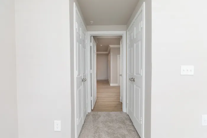 Inviting interior hallway with pristine white doors and plush carpet leading to elegant hardwood flooring.