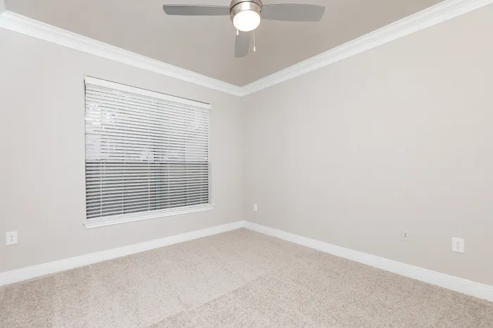 Bright, airy room with fresh carpet and elegant crown molding, featuring a large window and modern ceiling fan.