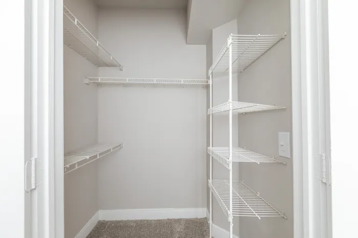Spacious walk-in closet featuring sleek wire shelving for organized storage solutions.