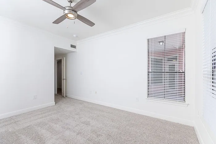 Bright and inviting bedroom featuring plush carpeting, modern ceiling fan, and ample natural light from large windows with blinds.