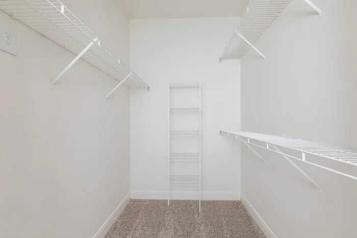 Spacious closet featuring elegant white shelving and plush carpet flooring, ideal for modern apartment living.