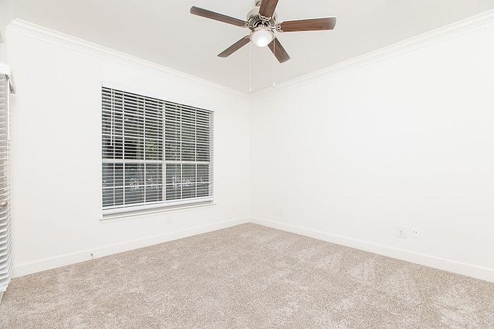 Bright and airy room with plush carpeting, large window, and stylish ceiling fan.