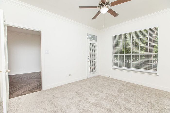 Bright and airy bedroom with plush carpet, large windows, and ceiling fan.